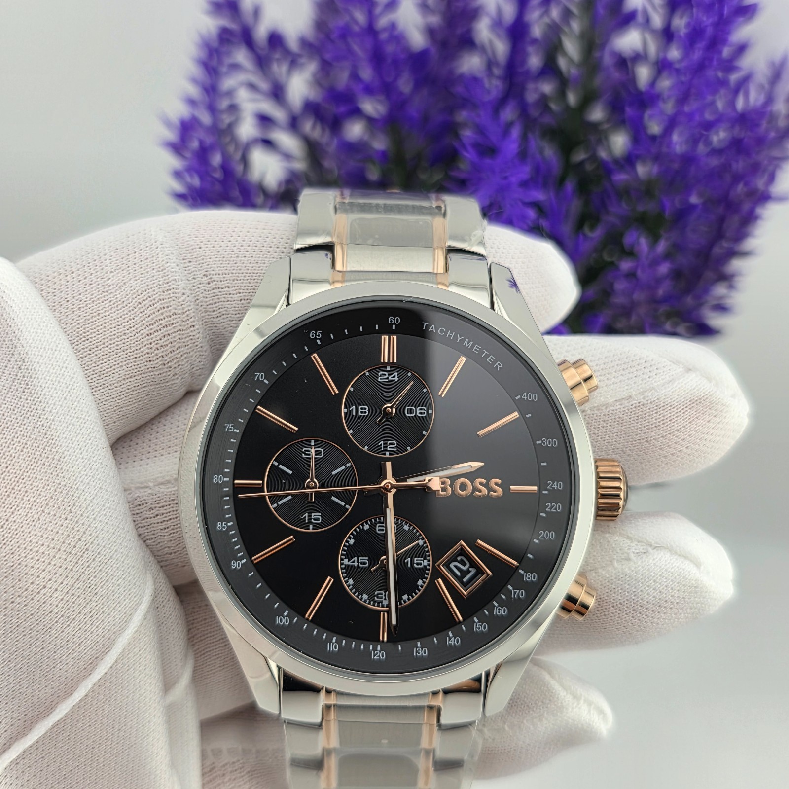 NEW BOSS MENS WATCH 1513473 SILVER & ROSE GOLD TONE BRACELET & BLACK DIAL