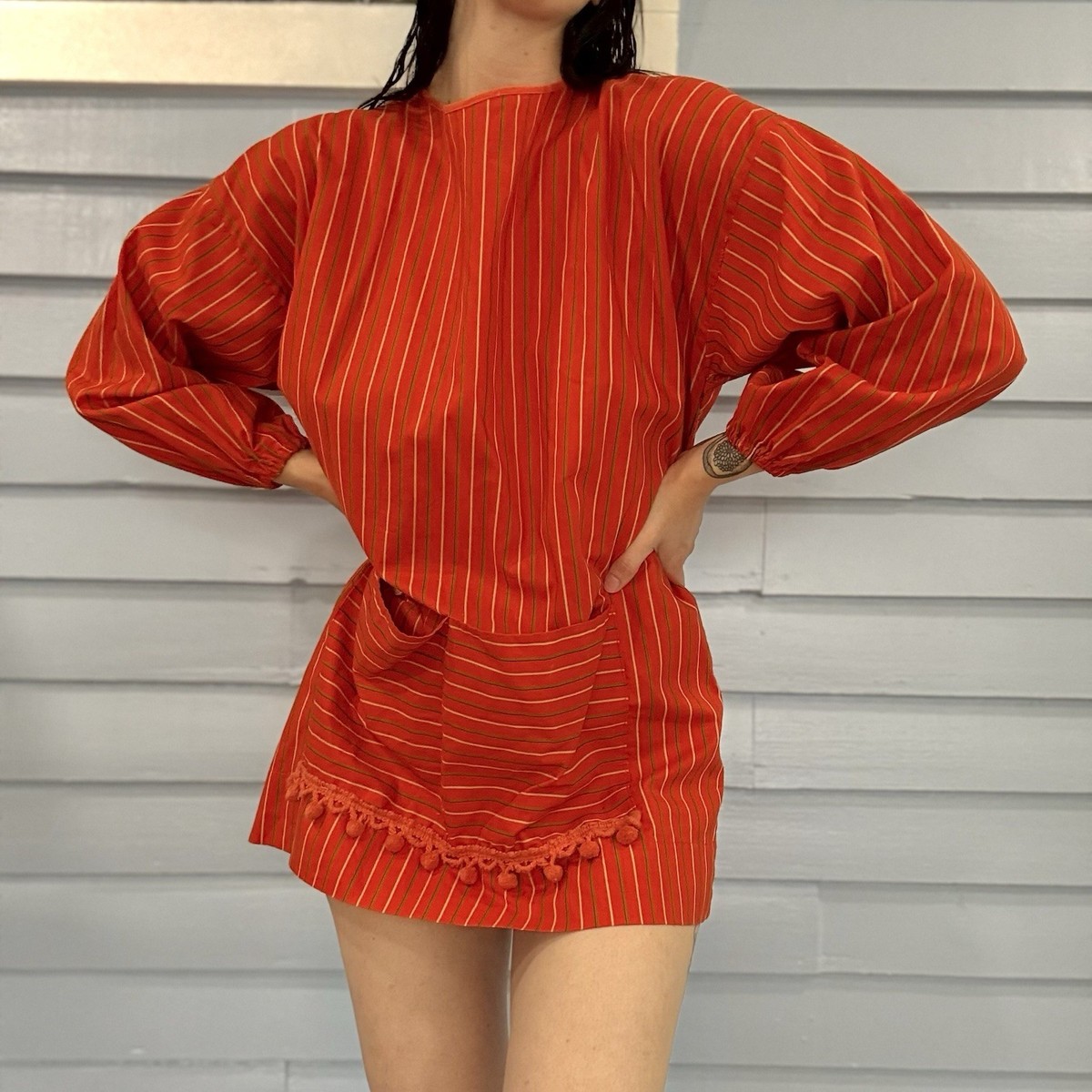 Vintage 60s/70s Stripe Balloon Sleeve Pom Pom Smock Top | eBay