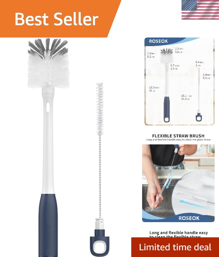 Ergonomic 2-in-1 Bottle and Straw Brush - Navy Blue with Dur