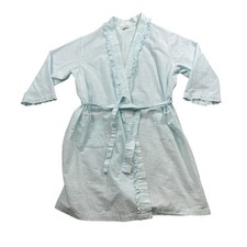 Miss Elaine XL Blue White Ruffled Wrap Tie Robe Pockets Cotton Polyester