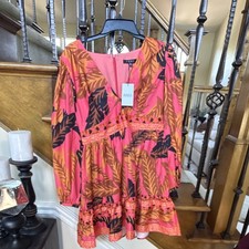 FOREVER Leaf Print Ruffle Short Dress Pink Brown Balloon Sleeve V-Neck S