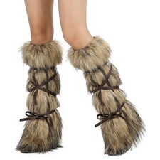 SIQITECHNO Women Girl Long Faux Fur Leg Warmers with Strap Furry Boot Brown