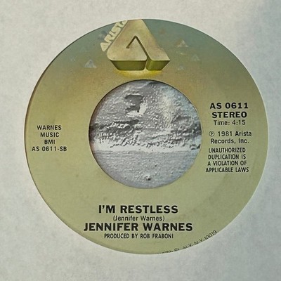 Jennifer Warnes   I'm Restless 7'' Single Record 1981 Arista Pop Soft Rock 45 RPM
