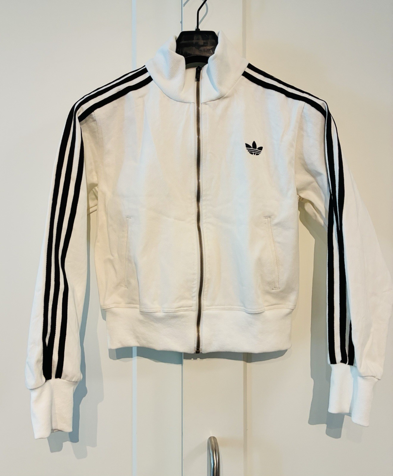 Adidas White M Black Stripe Track Jacket Full Zip Cropped Retro Sport Jacket