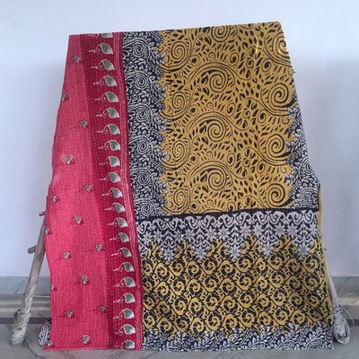 Art Kantha Twin Quilt Handmade Vintage Reversible Blanket Cotton Bohemian Throw