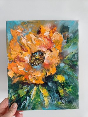 Gelbe Sonnenblume Abstrakt Floral Original Ölgemälde Klein Sammlerstück 12 x 9''
