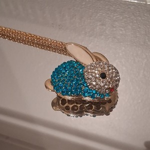Authentic Betsey Johnson Gold Plated Rabbit Charm Pendant Necklace Blue Crystal Signed