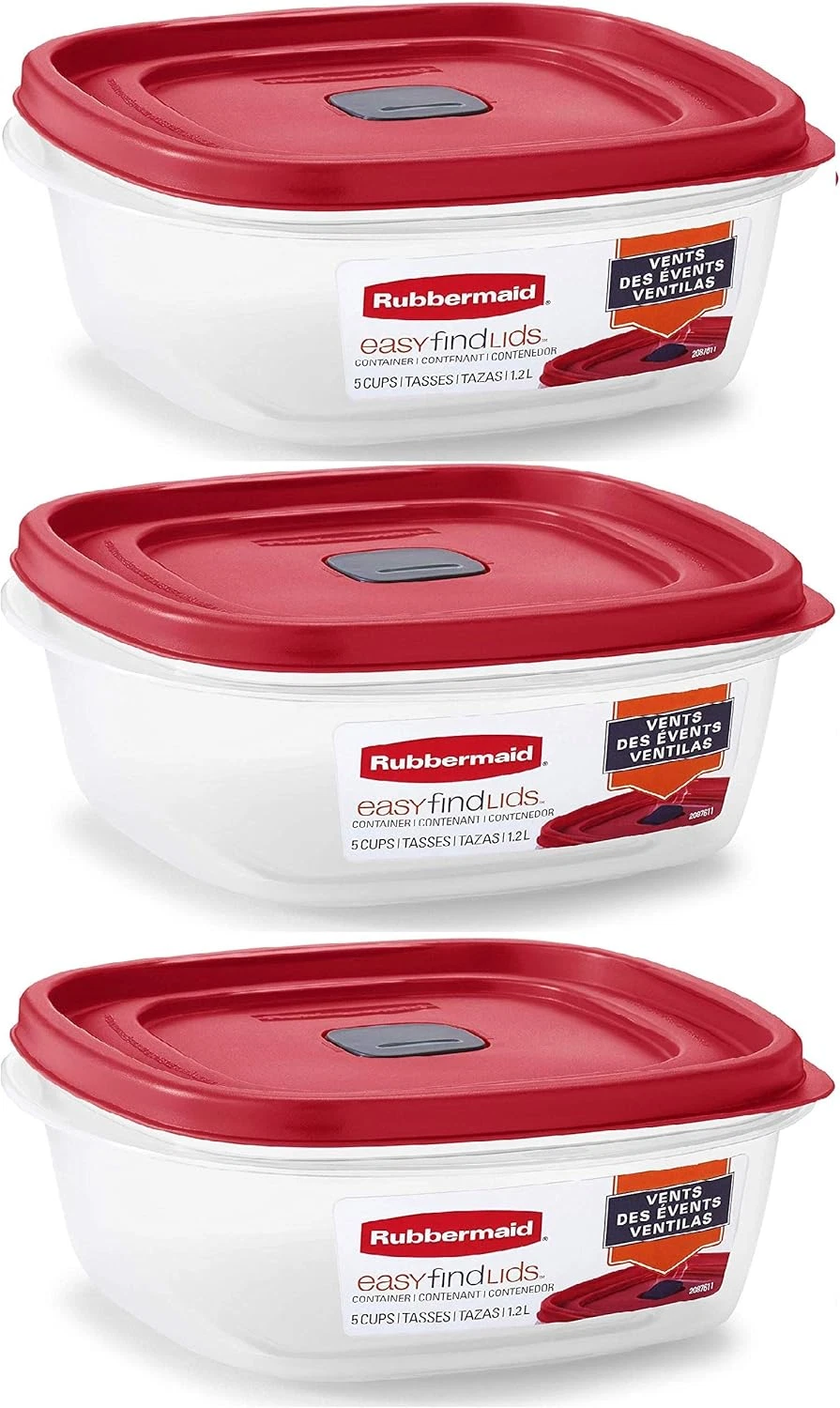 Square 5-Cup Food Storage Containers with Easy Find Lids, Pack of 3, Red