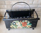 Vintage Black Metal  Magazine Rack Tole Painted Flowers  — photo 2