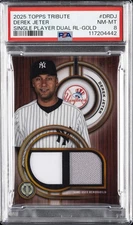 2025 TOPPS TRIBUTE SINGLE-PLAYER DUAL RELICS GOLD #DRDJ DEREK JETER 67/75 PSA 8