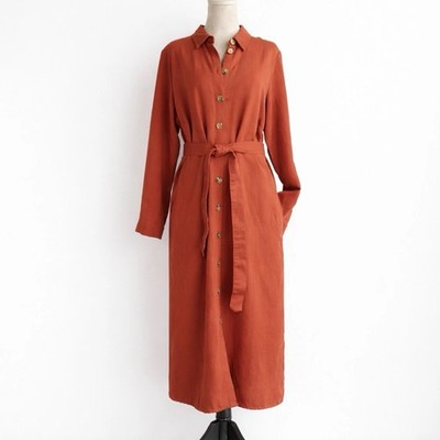 Yessica Linen Lyocell Shirt Dress Button Front Belted Midi Rust Size 12 NWT