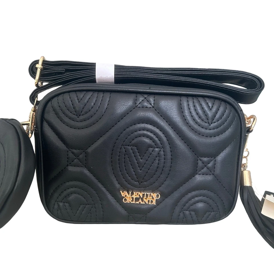 Nuevo con etiquetas Bolso Bandolera Valentino Orlandi Negro Cuero Vegano con Cartera Cambiadora $310 Foto 3 de 4