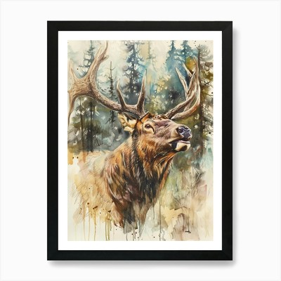 Elch Pastell Aquarell 2 Kunstdruck gerahmt Wandbild Poster Leinwanddruck Bild