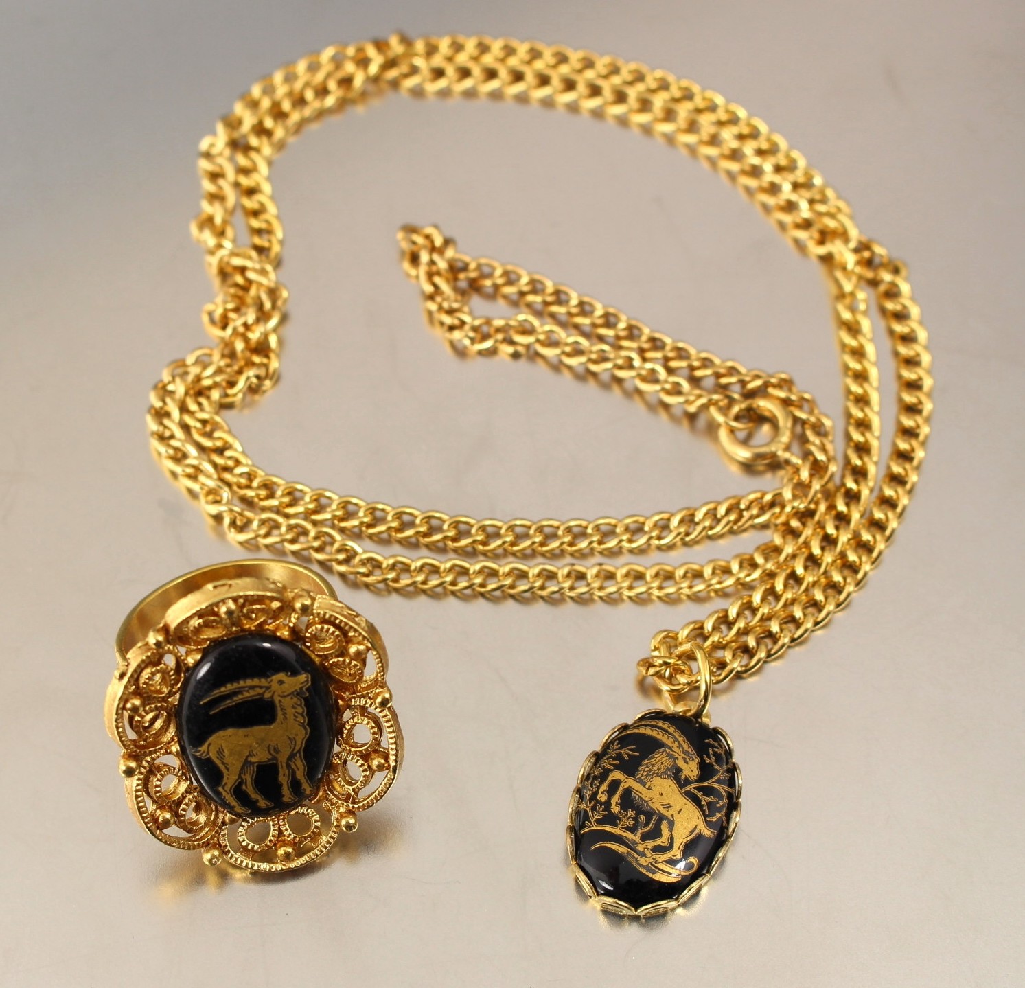 Vintage 1950s Gold Tone Capricorn Zodiac Glass Cameo Adjustable Ring and Necklace Set