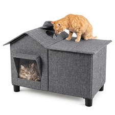Large Outdoor Cat House Waterproof Elevated Bed Grey Plush Pad View Window