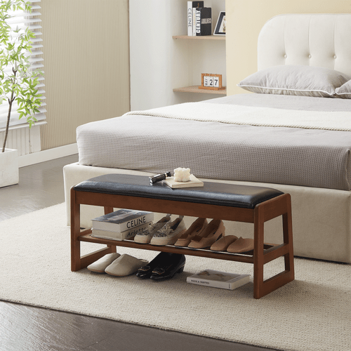 Banco de zapatos de madera con cojín suave de PU diseño de doble capa con compartimento de almacenamiento - Imagen 9 de 15