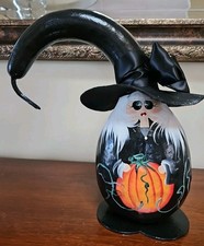 Hand Painted Fancy Witch Gourd Signed By Artist 11.5” Halloween Folksy Whimsy