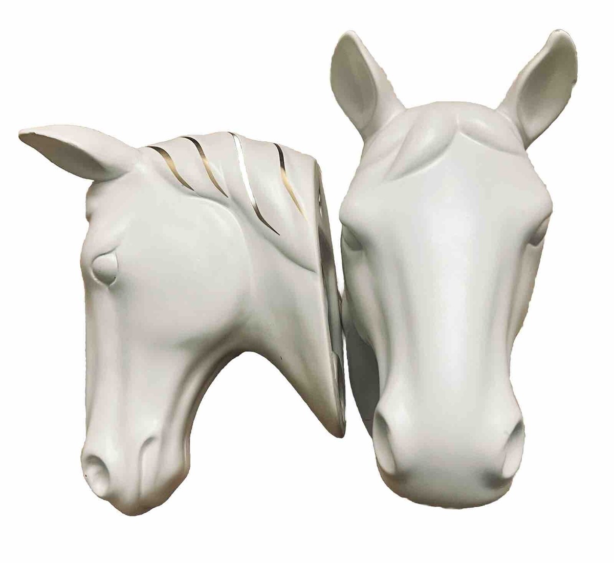 White Ceramic Horse Head Wall Mount Gold Mane Details Equestrian