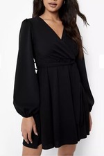 Boohoo Puffy Sleeve Wrap Mini Dress Size 8 Medium Black Fairy Indie Whimsigoth