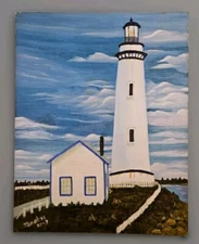 130 Year Old California Lighthouse Oil Painting By J Larkie  14" X 11" 