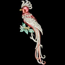 Coro Pave and Metallic Enamel Giant Bird of Paradise on Branch Pin Clip