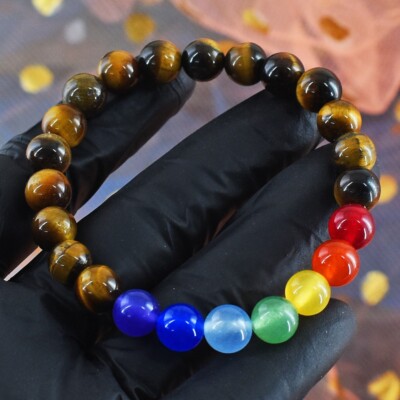 Golden Tiger Eye  & Seven Chakra 90. Cts Stretchable Bracelet Beaded VK 43 E646