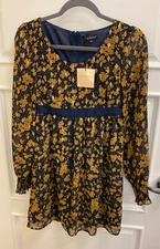 NWT Smak Parlour Collection Women's Dress Sz XS Navy Mustard Floral Sheer Lined