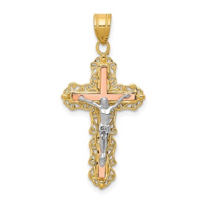 Echter 14kt Tri-Color Diamantschliff Kruzifix Anhänger