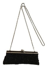 Vintage Black Beaded Clutch Purse With Chain Strap  Silver-Tone Frame