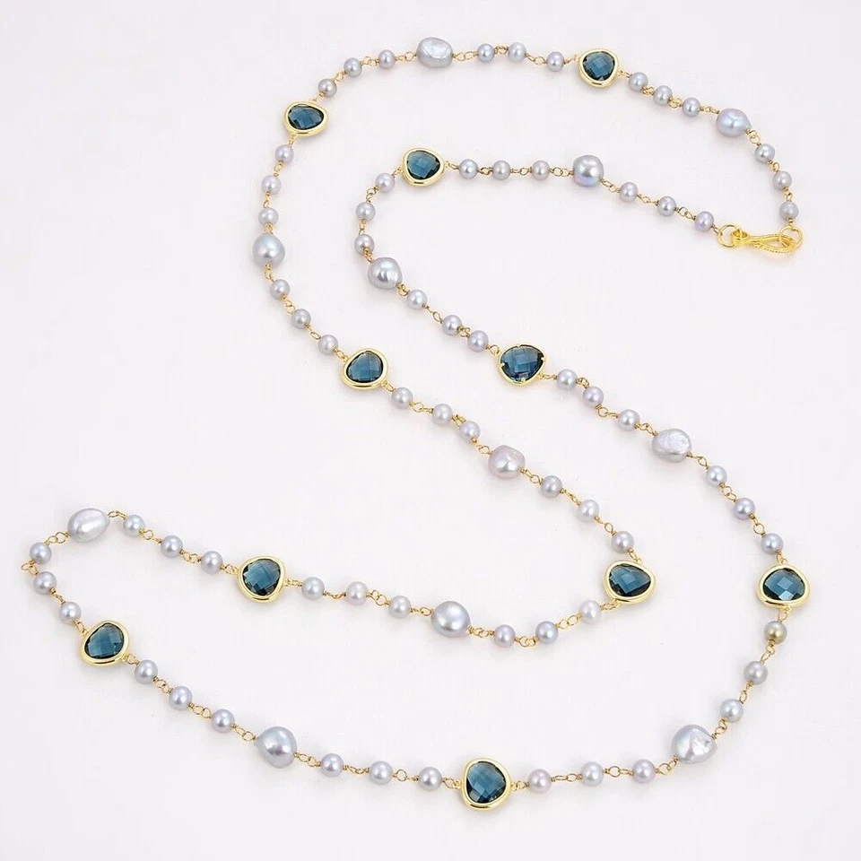 Collar largo de cadena de cristal azul perla Keshi de agua dulce gris natural de 51"" Foto 2 de 4