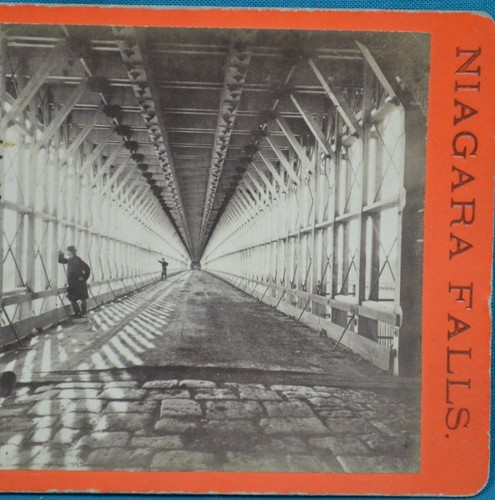 Foto vista estéreo de los años 1860/70 EE. UU. Cataratas del Niágara carro puente colgante Anthony - Imagen 2 de 5