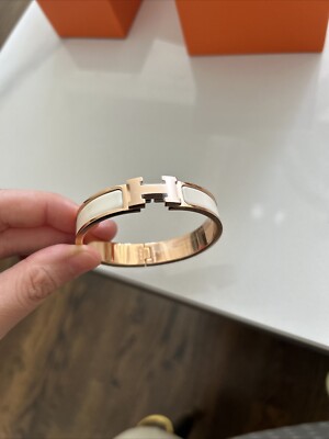 Hermes Clic Clac H Bracelet in Narrow Rose Gold w White Creme