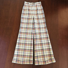 1970s Vintage Cream Multicolor Plaid Bottom Pants Wide Flare Leg 26 Waist Hippie