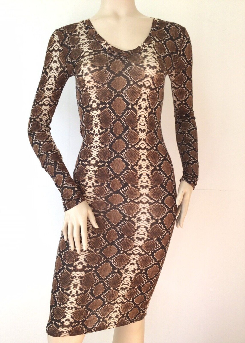 BCBGMAXAZRIA Brown Snake Print V-Neck Long Sleeve Body Hugging Dress (Size  S) | eBay