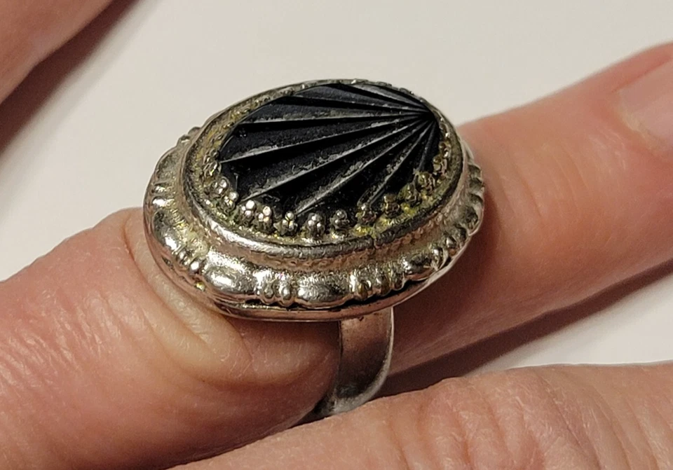 Vintage W & D Merlano Davis Intagliato Vetro Deco Sunburst Argento Mix Anello - Immagine 3 di 4