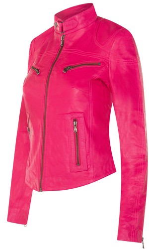 Femmes Cuir Veste Classique Motard Rose Véritable Cuir Femmes Slim Fit Veste - Picture 2 of 5