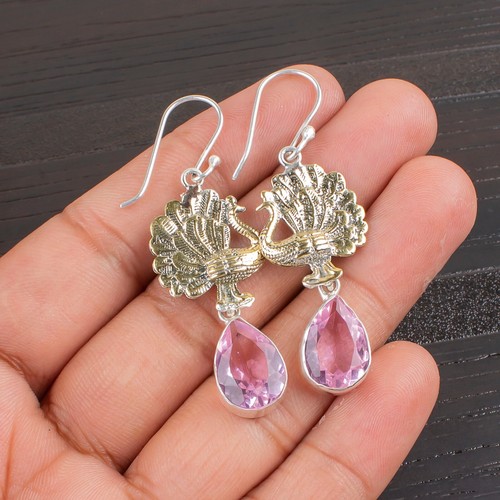 Morganite Gemstone Hook Earrings 925 Sterling Silver Peacock Handmade Jewelry - Picture 3 of 5