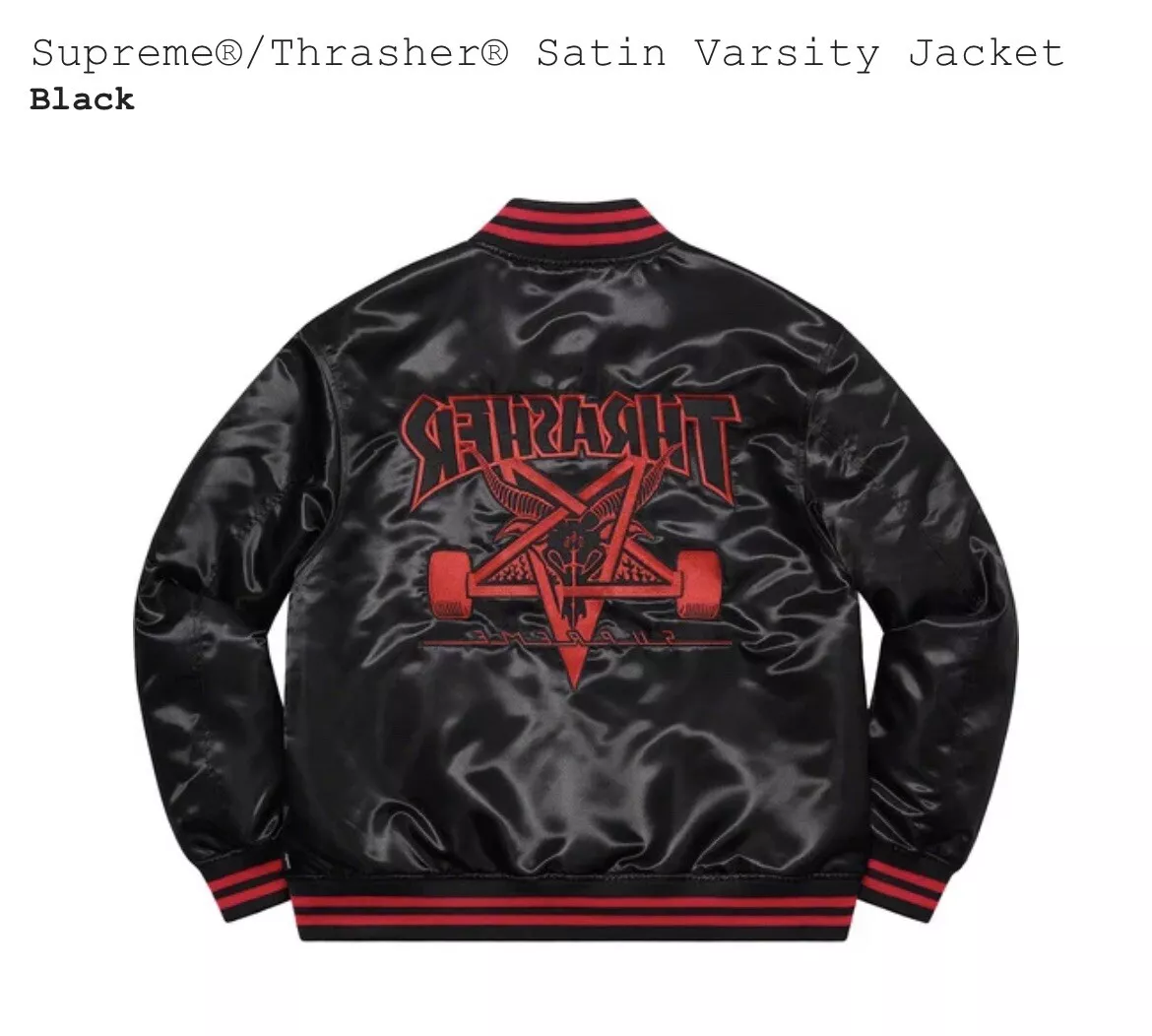 Brand New Supreme x Thrasher Satin Varsity Jacket - Black - Medium - FW21