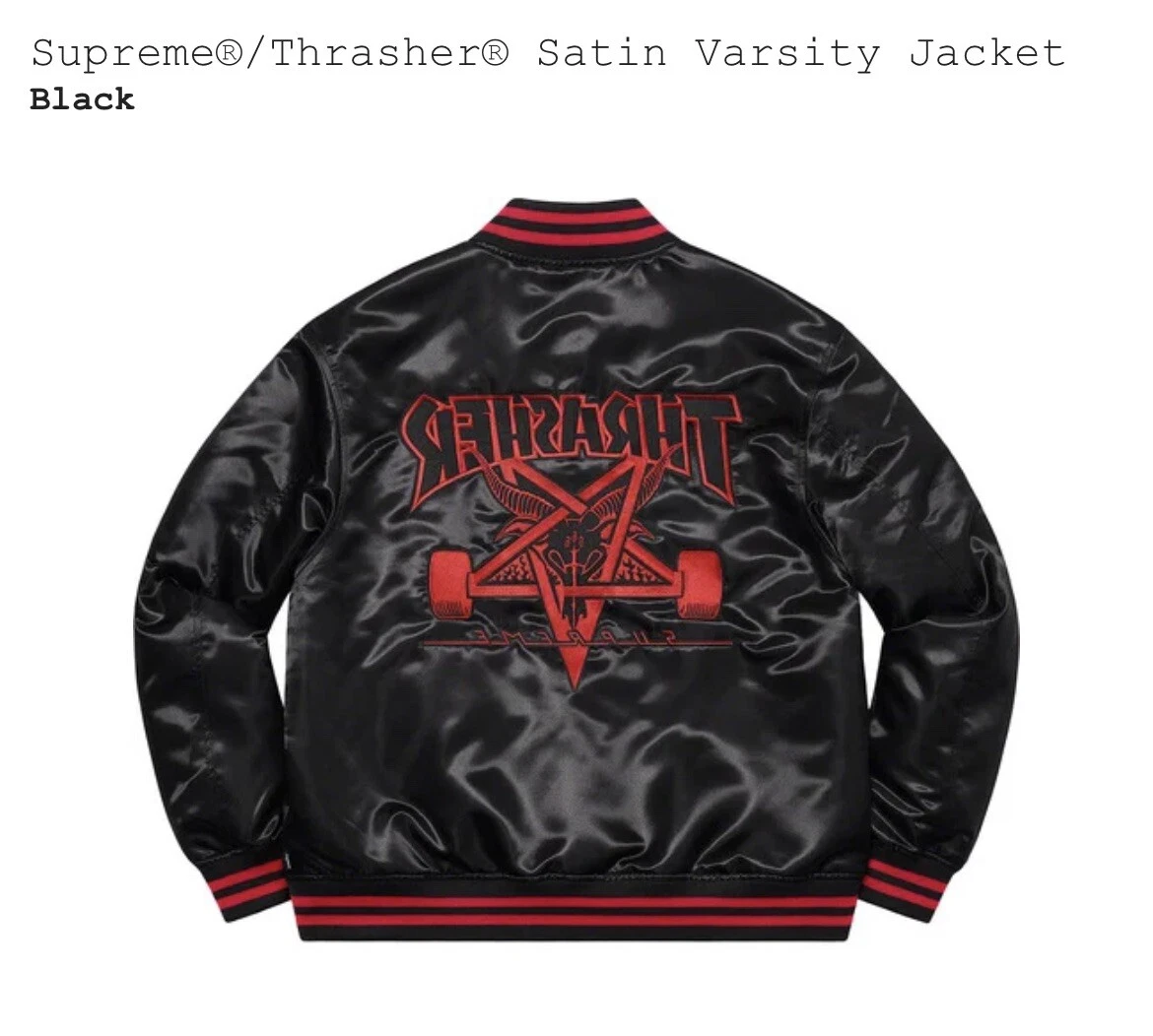 Veste universitaire satinée Supreme x Thrasher flambant neuve   noire   moyenne   FW21