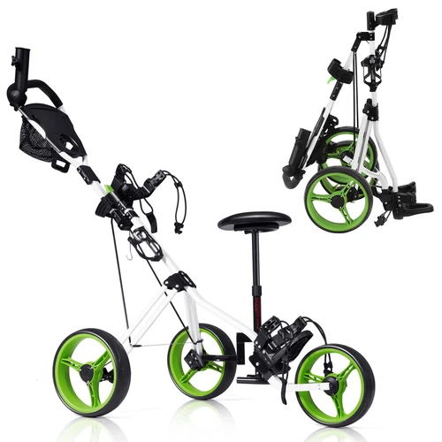 Foldable 3 Wheel Push Pull Golf Club Cart Trolley w/Seat Scoreboard Bag Swivel
