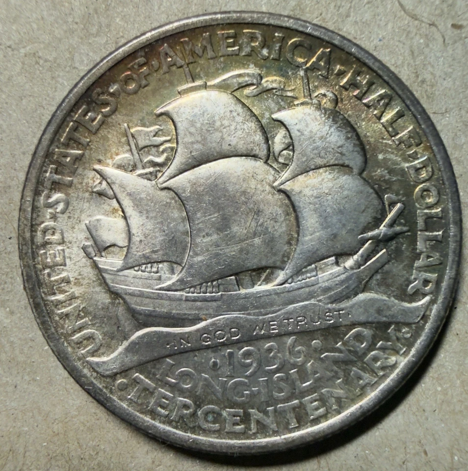 💥 1936-P Long Island Commemorative Half Dollar Toned AU+ 💥 - Image 2 of 2