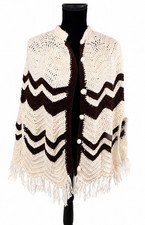 Handmade Crochet Shawl Poncho Cape Cream Brown Fringe Button Front Boho OS