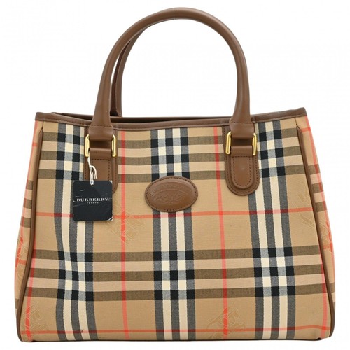 Burberry Nova Check Shadow Horse Canvas Leather Handbag Brown Multicolor Auth