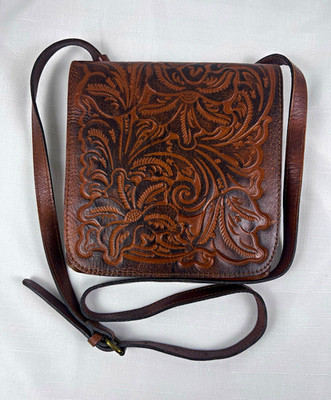 Patricia Nash Brown Floral Tooled Crossbody Bag Embossed Flap Brass Hardware