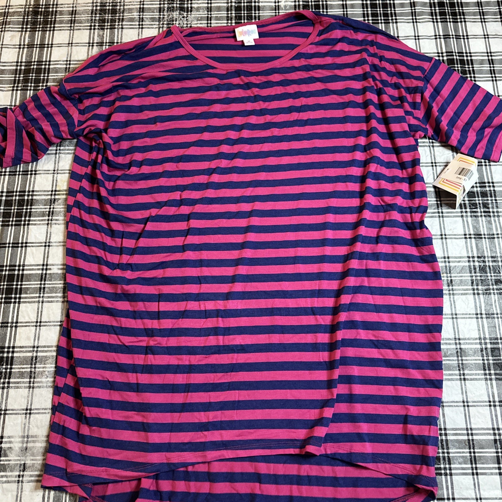 LuLaRoe Size M Soft Rayon Top Irma Tee Blue Magenta Stripes