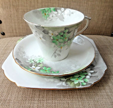 Shelley Fine Bone China Vintage Green Blossom 0234 Trio - Cup Saucer Side Plate