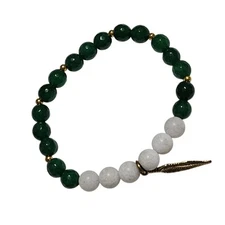 Boho Green White Beaded Stretch Bracelet Feather Charm Fashion Jewelry Women