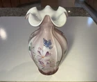 Fenton Pink Cased Art Glass Hand Painted Flowers Ruffled 7" Vase J Powel