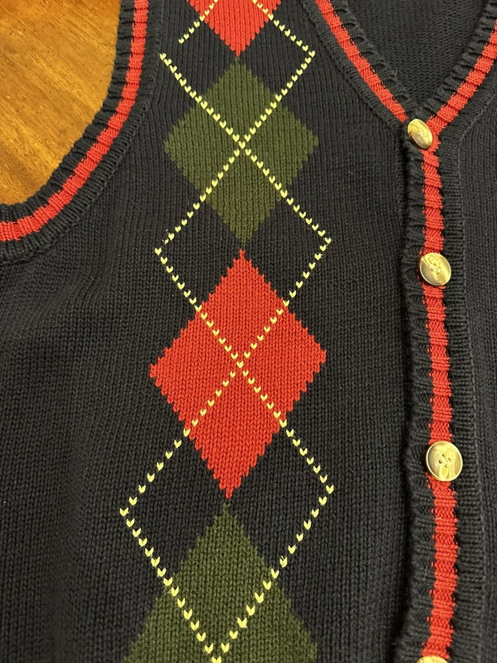 Saddlebred Sweater Vest Mens Medium Navy Burgundy Argyle Cotton Button Up - Image 3 of 4