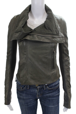 Rick Owens Women Leather Biker Jacket Green Zip Long Sleeve Size